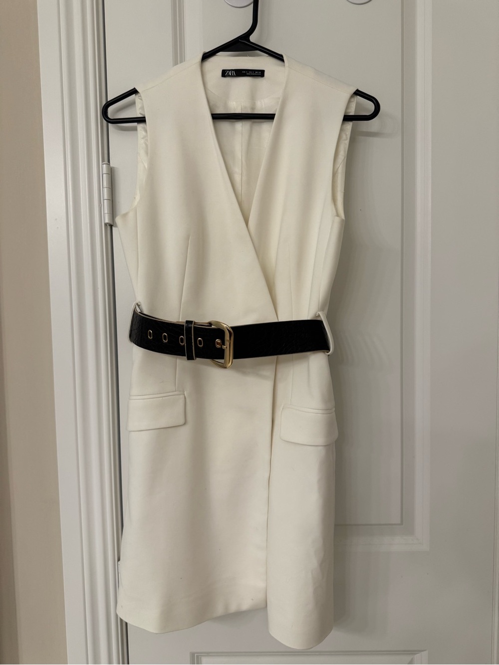 Zara White Sleeveless Wrap-Style Mini Dress with Black Belt